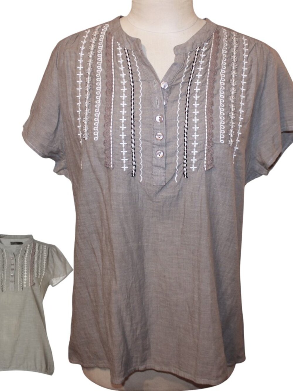 prAna Blanca Gray Embroidered Cotton Henley Blouse Top XL
